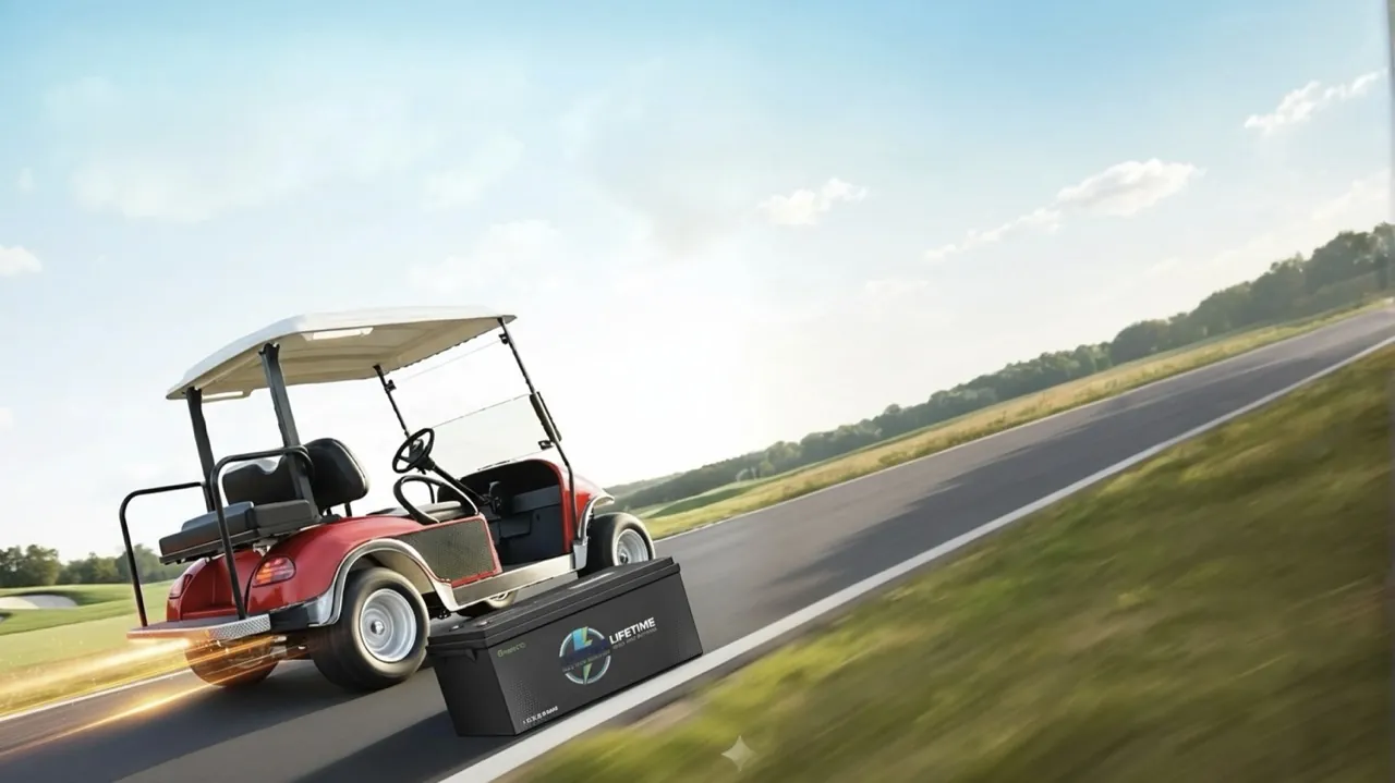 Red golf cart speeding on road with Lifetime battery showing motion blur and energy effect.