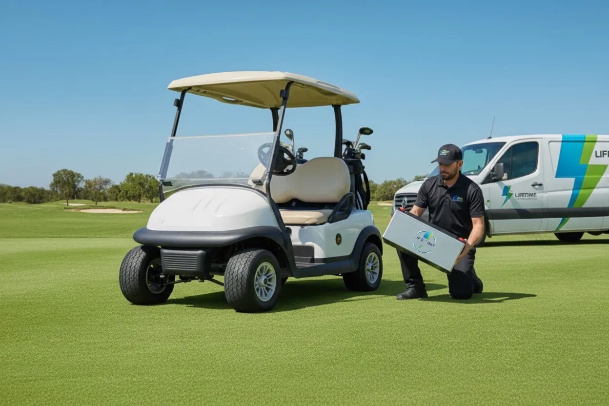 Lifetime technician presenting lithium battery beside white golf cart on golf course