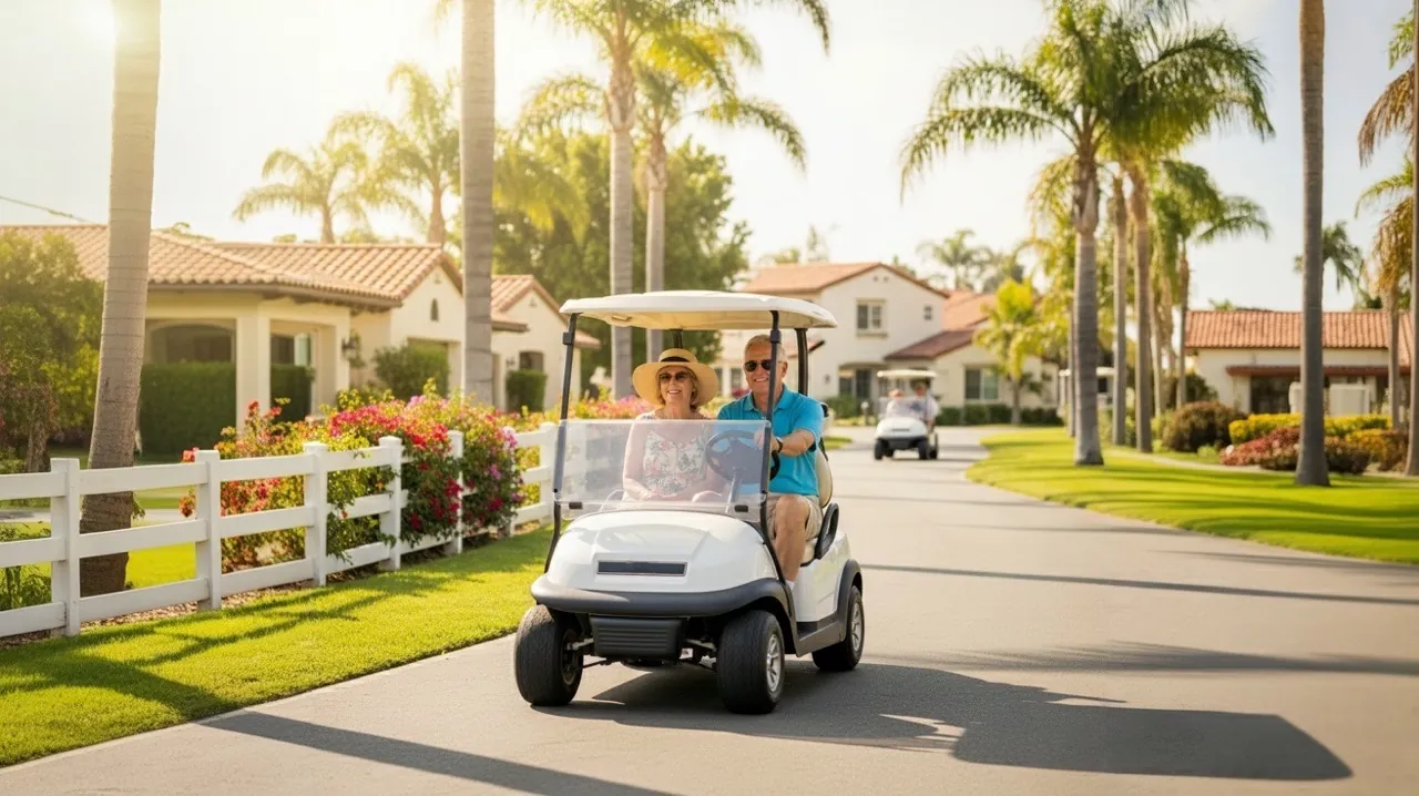 Senior couple driving white golf cart in sunny upscale residential neighborhood