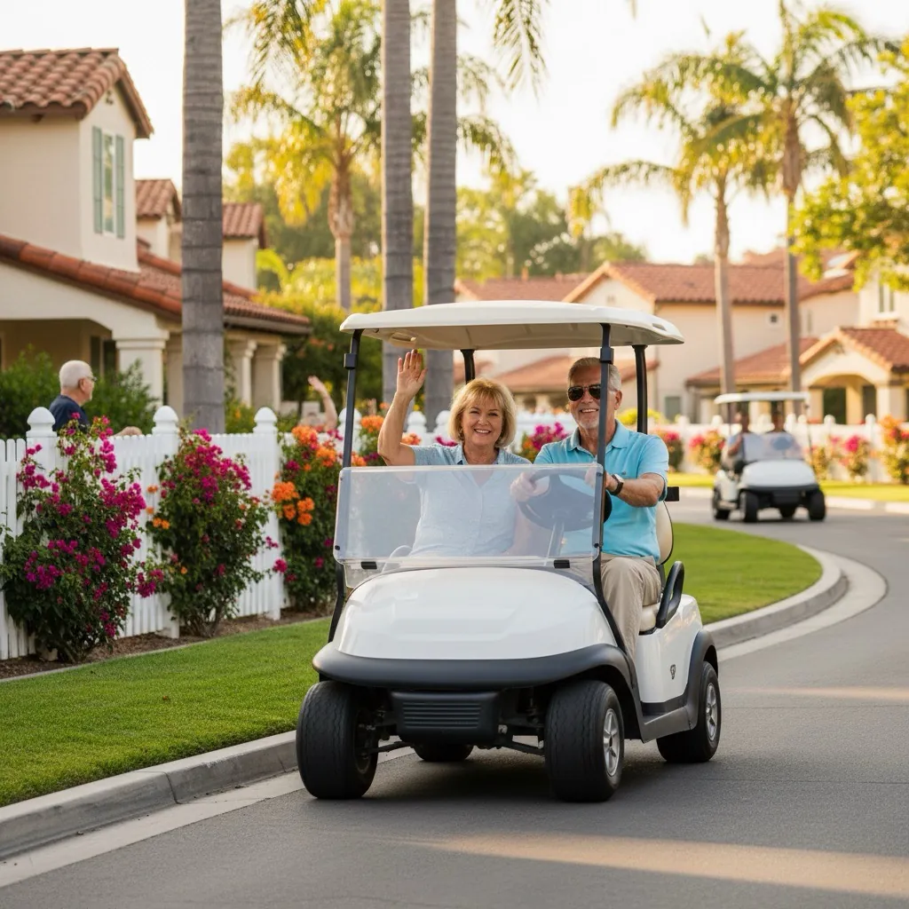 Elderly couple waving from white golf cart in upscale residential neighborhood