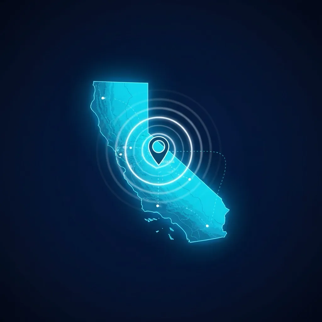 Glowing California state map with location pin and concentric signal rings on dark blue.