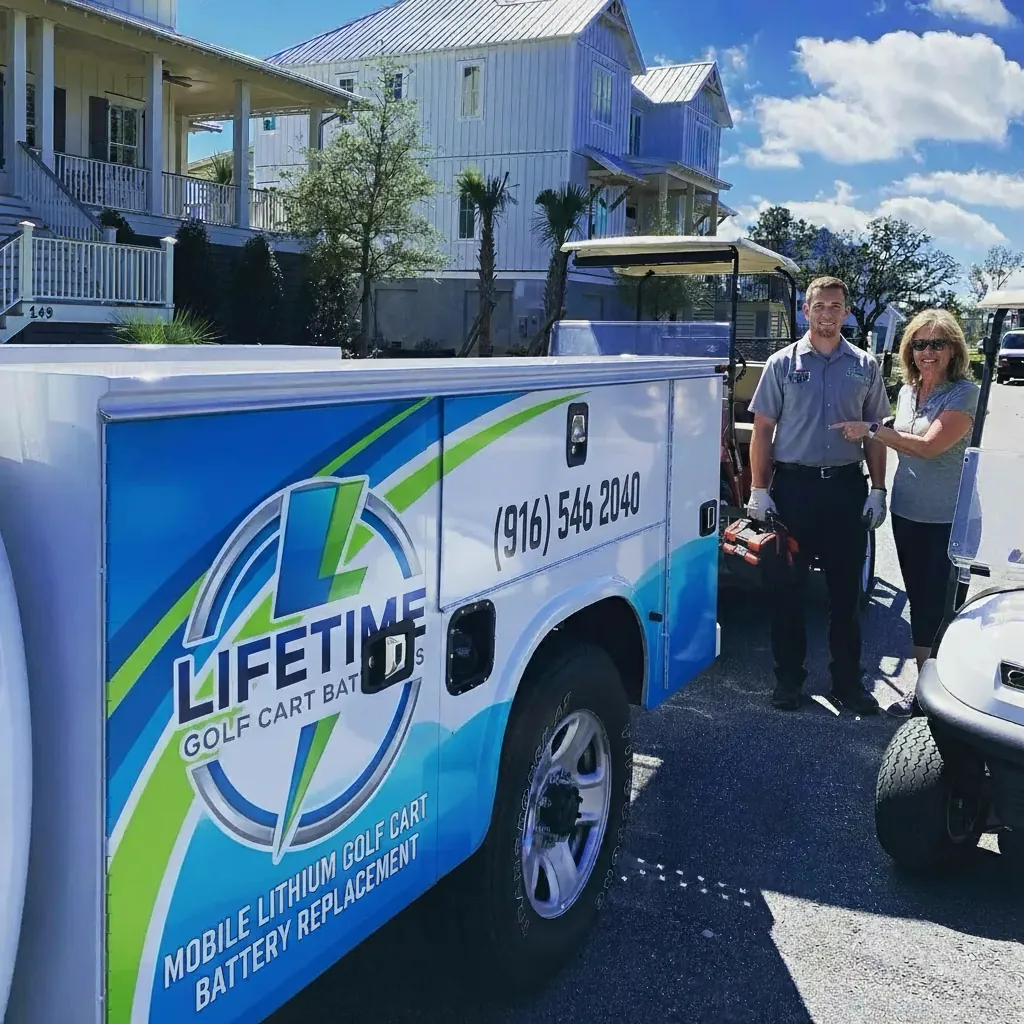 Lifetime service van with team members standing beside it in residential neighborhood.